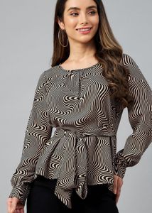 Beige and Black Geometric Print Top