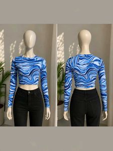 Blue Swirl Print Long Sleeve Crop Top