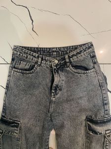 Women's Grey Acid Wash Cargo Jeans