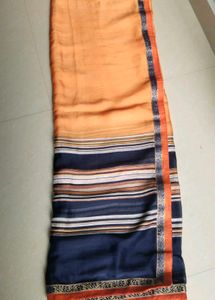 Orange &amp; Navy Blue Designer Silk-Look Saree with S