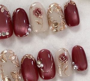 Elegant Rose &amp; Leaf Press-On Nails