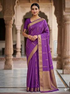 Elegant Purple Saree with blouse in Golden Border