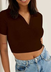 Brown Ribbed Cropped Polo Top