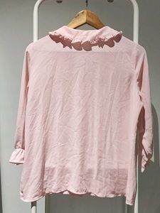 Chic Pink Ruffled Collar Button-Up Top