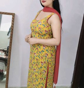 Beautiful Yellow Floral Kurta Set with Red Dupatta