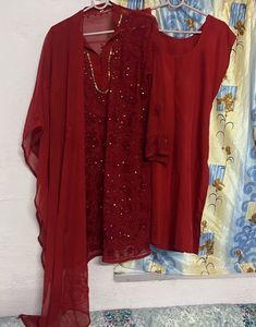 Red Embellished Kurta Set with Dupatta