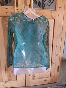 Green Lace Sheer Long Sleeve Top