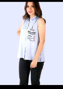 Sleeveless Collared Shirt with Graphic Print