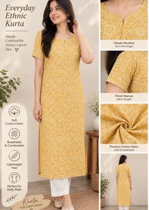 Yellow Printed Cotton Kurta