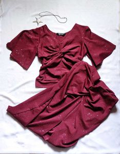 Sparkly Maroon Bell Sleeve Twist Top with skirt
