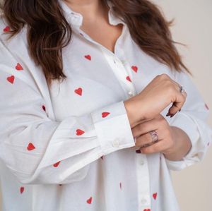 Chic White Heart Print Button-Up Shirt