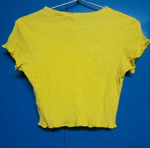 Korean Yellow Lettuce Trim Rib-knit Crop Top Tee