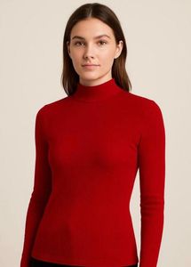 Red Turtleneck Top with Button Detail