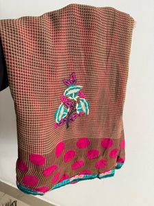 Embroidered flowery checkered saree with blouse pi