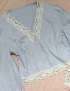 Light Blue Striped Lace Trim Blouse