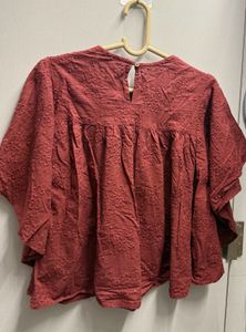 Maroon Embroidered Flutter Sleeve Top