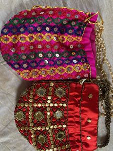 Festive Potli Bags Set - Red and Pink