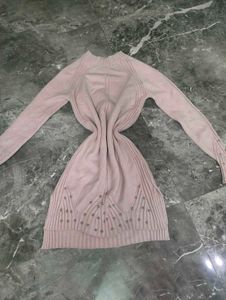 Beige Studded Knit Sweater Dress