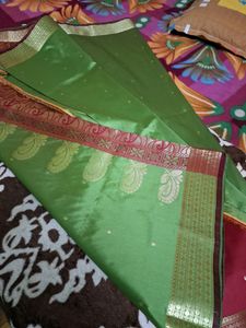 Green Silk Saree with Gold Border