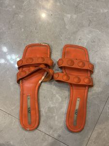 Orange Studded Flat Sandals