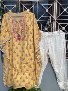 Yellow Printed kaftan Kurta Set with Pants