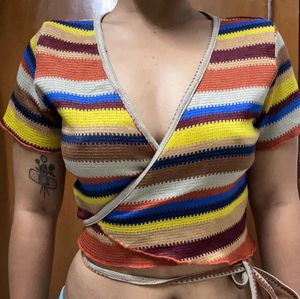 Striped Crochet Wrap Top