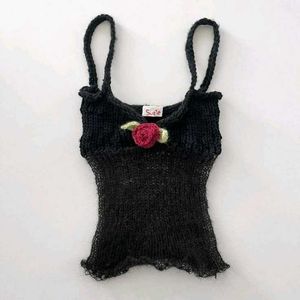 Black Knit Rose Detail Tank Top