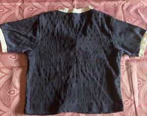 Chic Navy Blue Textured Button-Up Top
