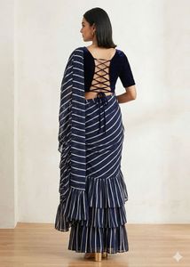 ruffle Stylish Navy Striped Tiered Saree
