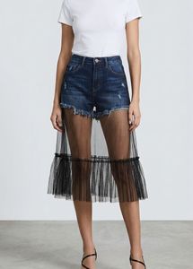 Trendy Stretch Denim Shorts with Black Sheer Tulle