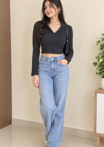Ribbed Polo Neck Crop Top