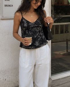 Black Floral Embroidered Spaghetti Strap Top