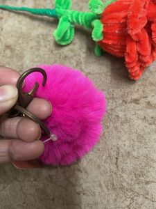 Fuzzy Pink Pom  Keychai