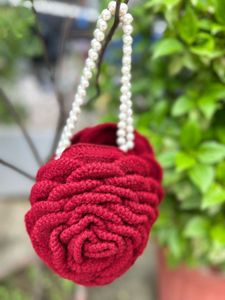 Red Crocheted Round Bag with Pearls