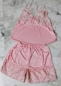 Lace Trimmed Pink Lingerie 2piece Set