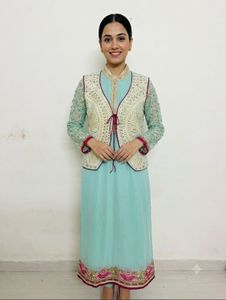 Beautiful Teal Kurta Set with Embellished Jacket
