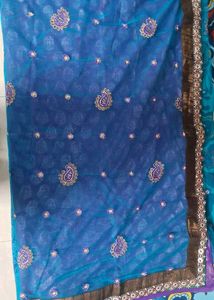 Purple+ Navy Blue  Brocade Sari With Blouse