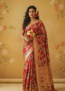 Beautiful Red Floral Silk Saree
