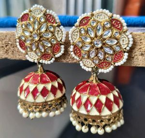 Stunning Red &amp; White Jhumka Earrings