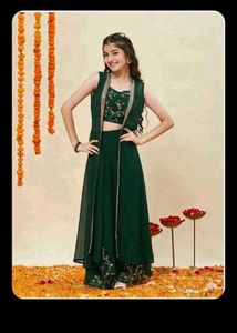 6-8 year Elegant Green Embroidered Lehenga Set