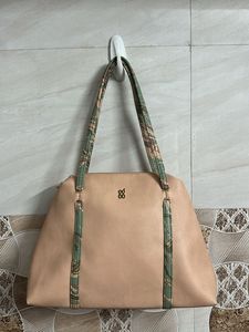 Stylish Beige Tote Bag with Green Accents