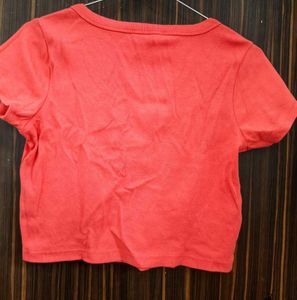 Coral Ribbed Henley Crop Top