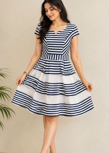 Chic Navy & White Striped Fit & Flare Dress