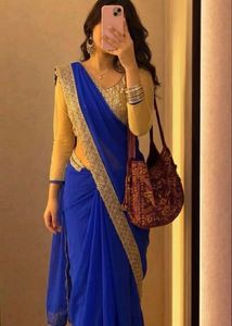 🔵 Royal Blue light waight Saree with Golden Borde