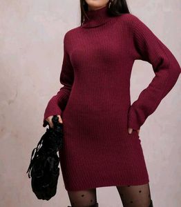 Burgundy Turtleneck Knit Dress