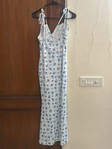 Blue Floral Spaghetti Strap Midi Dress