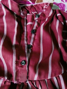 Maroon Striped Button-Up Midi Dress