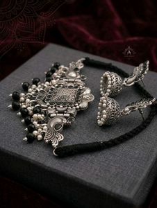 Oxidized Silver Peacock Jhumka Set