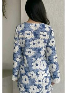 Blue Floral Print Kurta with Lace