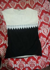 Elegant White &amp; Black Lace Trim Blouse